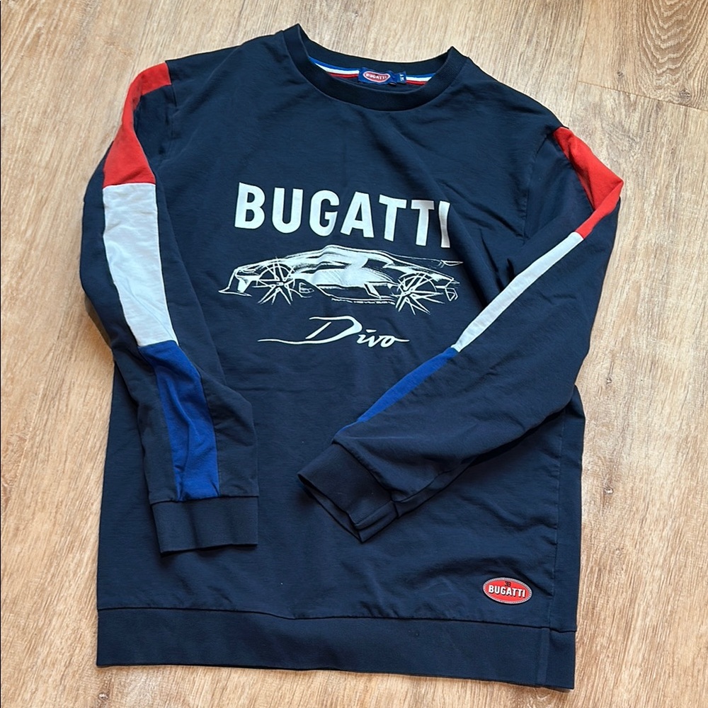Bugatti Black Crewneck with Red and Blue Stripes Size 14 Youth
